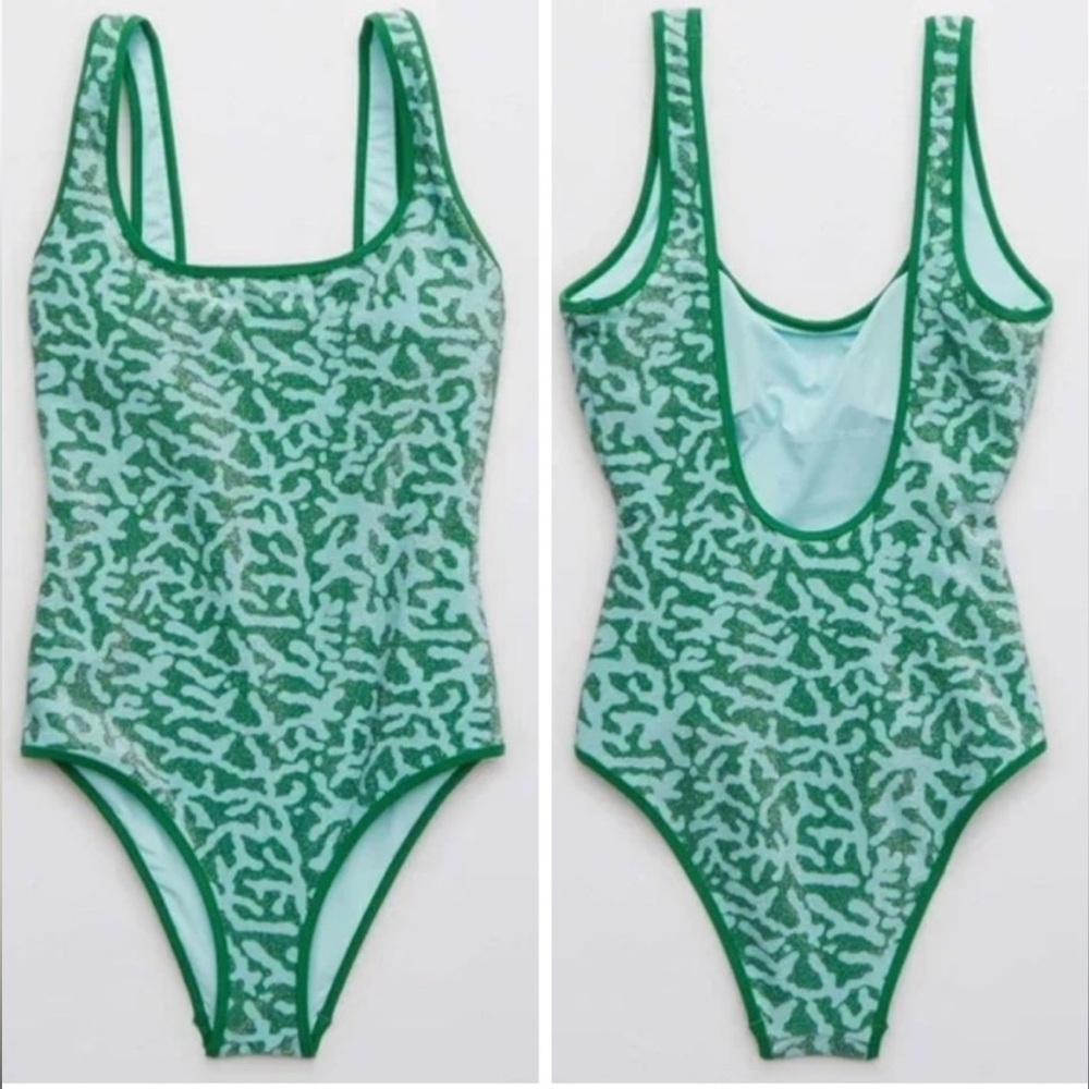 Aerie Metallic Green Patterned One-Piece Swimsuit XL